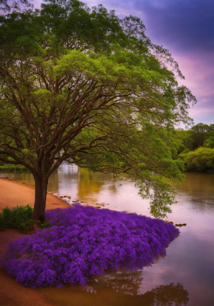 water, plant, cloud, sky, green, natural landscape, natural environment, purple, tree, branch