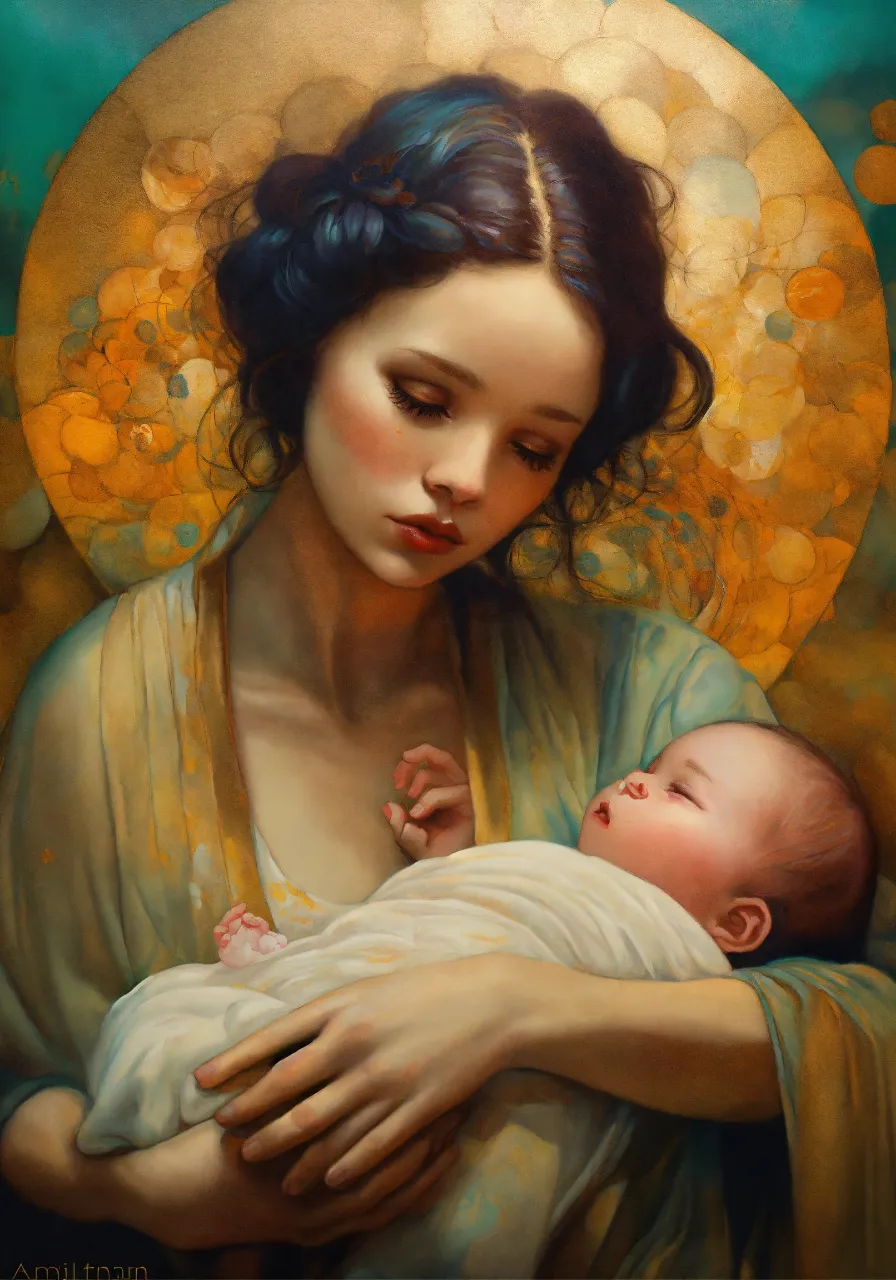 a painting of a woman holding a baby