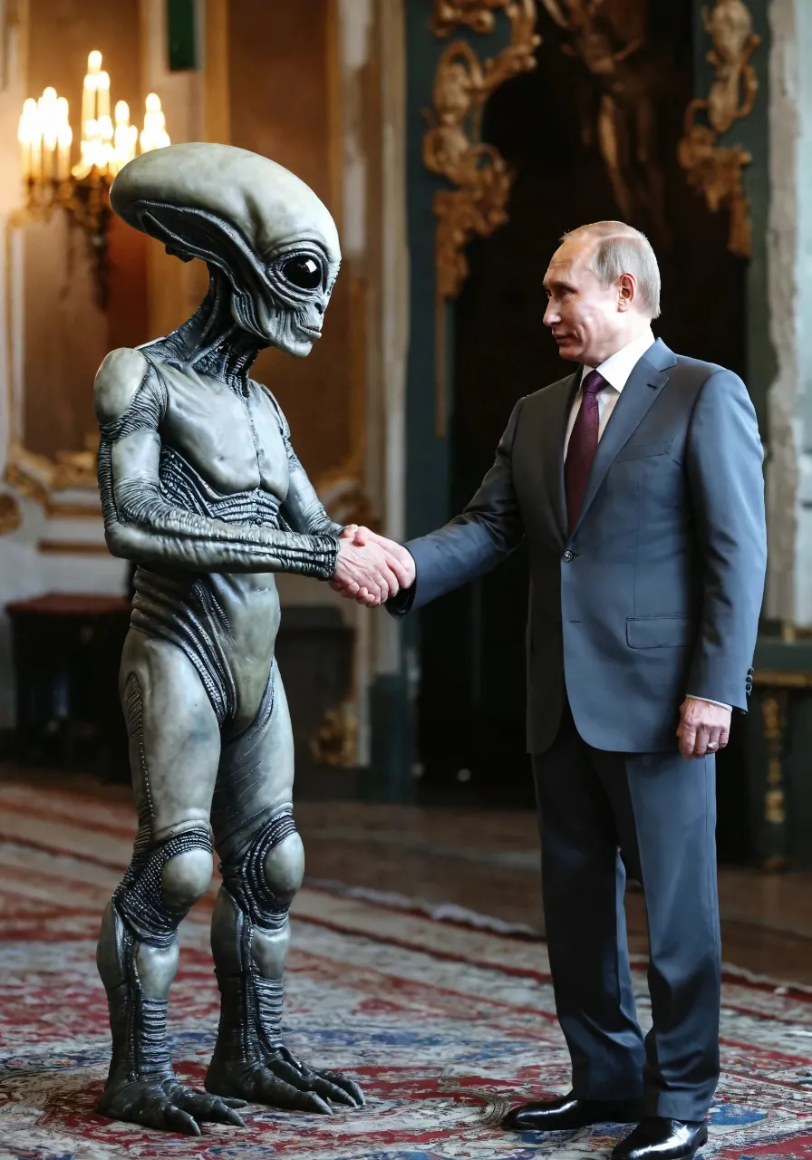 a man in a suit shaking hands with a statue of an alien