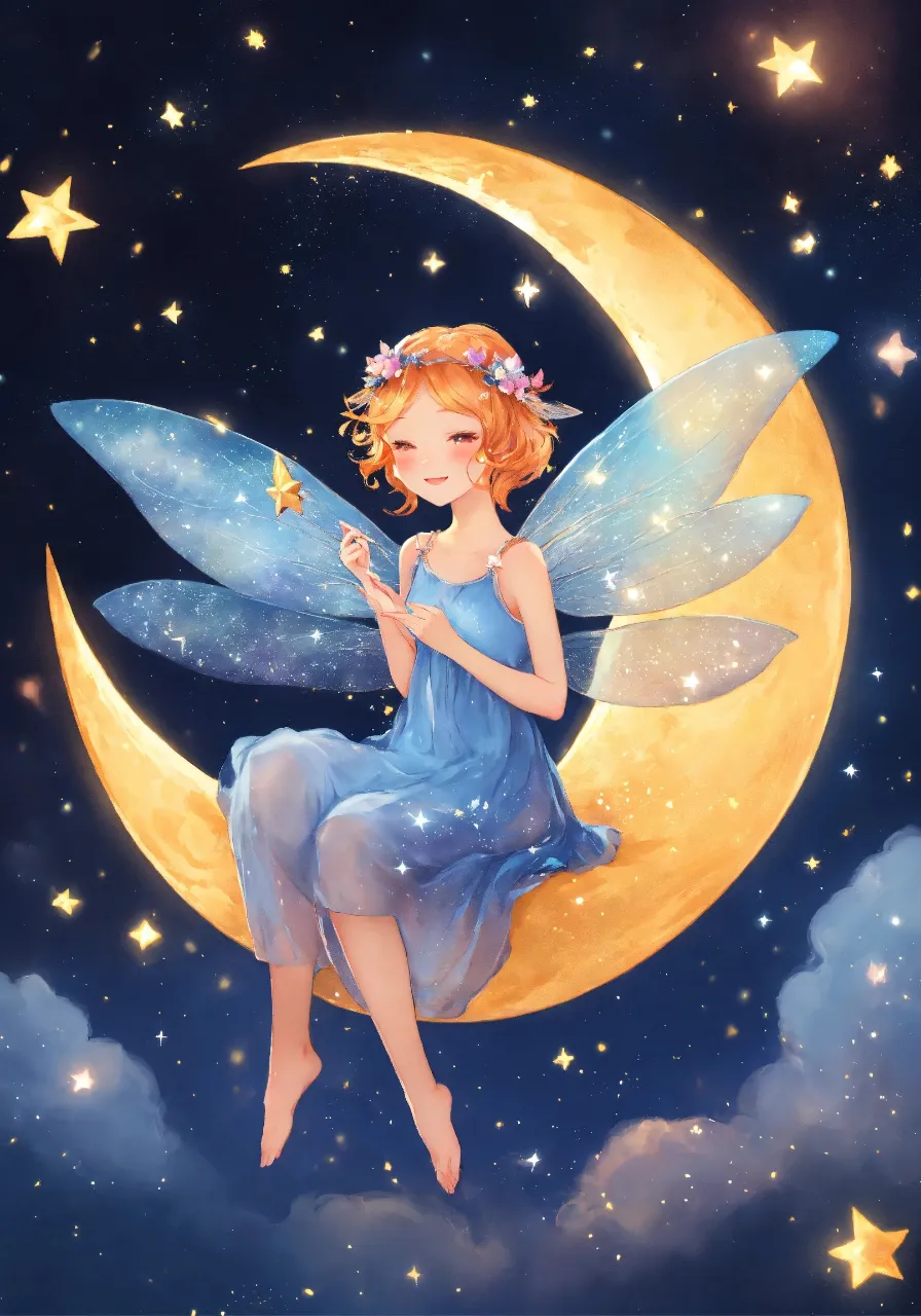 a painting of a fairy sitting on the moon