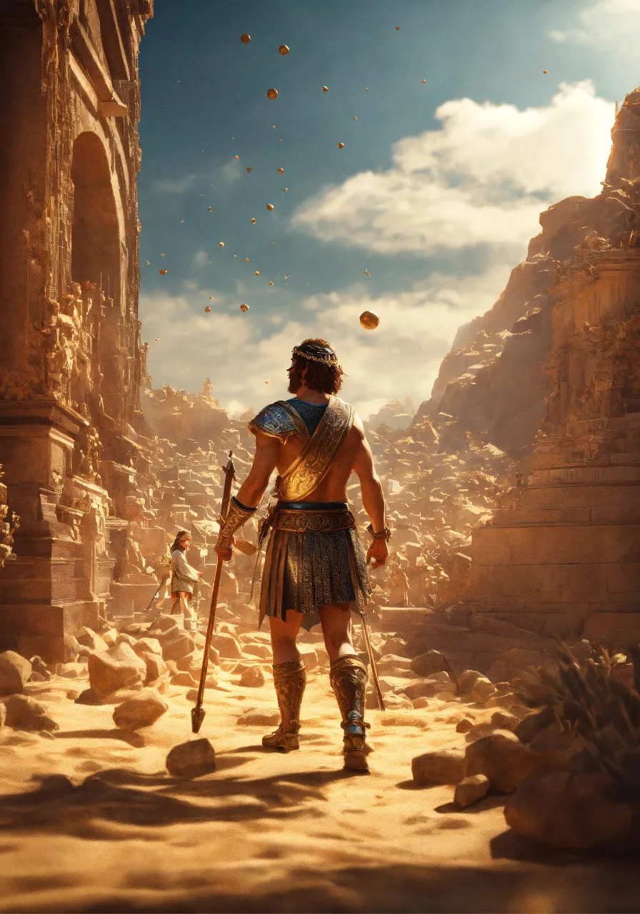 a man standing in a desert with a sword