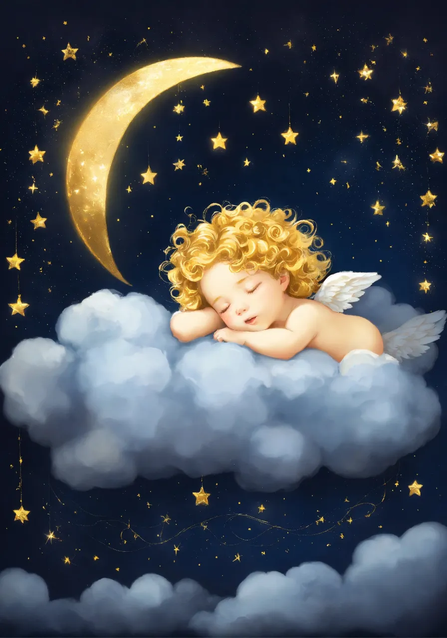 a baby angel sleeping on a cloud with a crescent