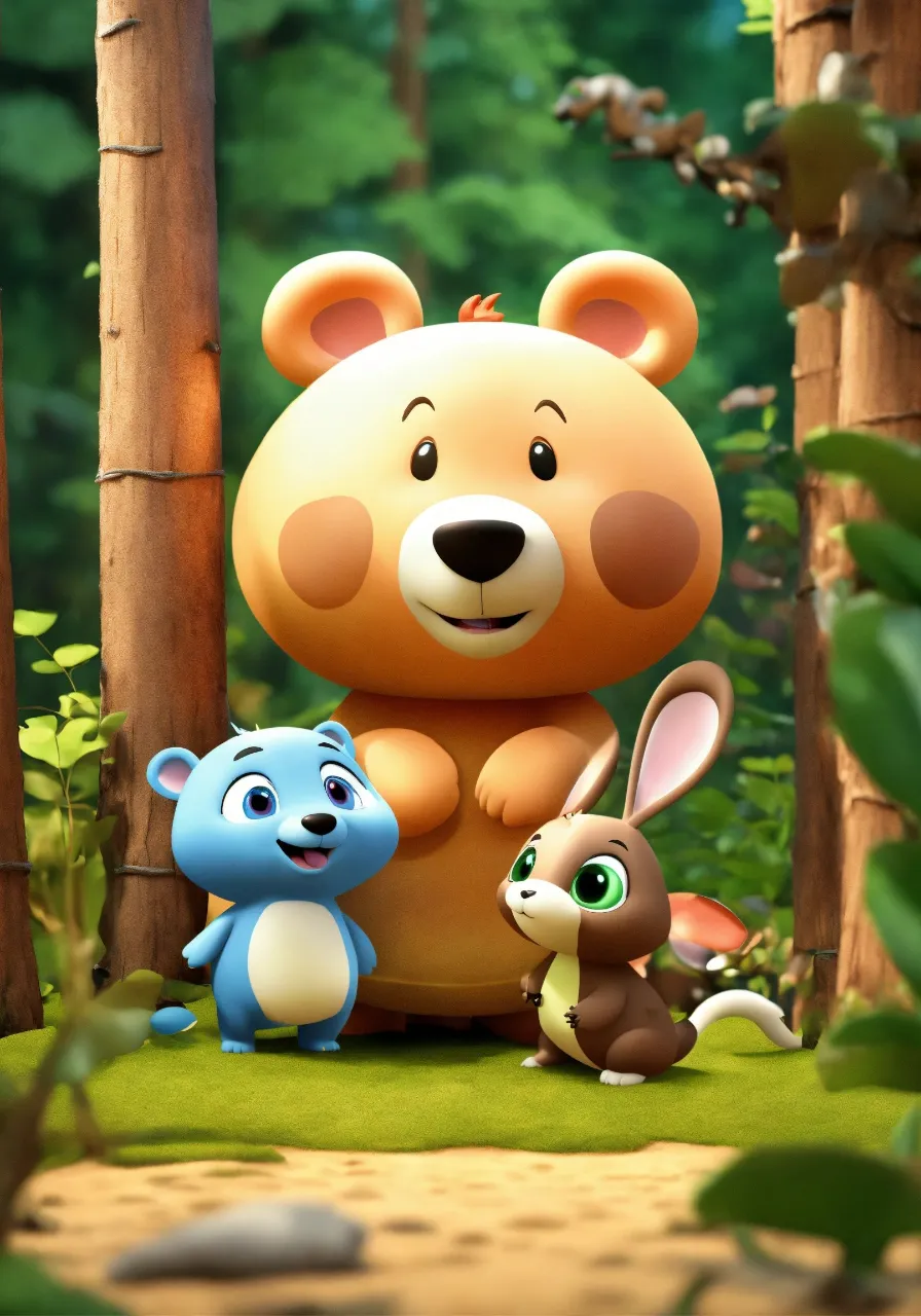 a cartoon bear and two small animals in a forest