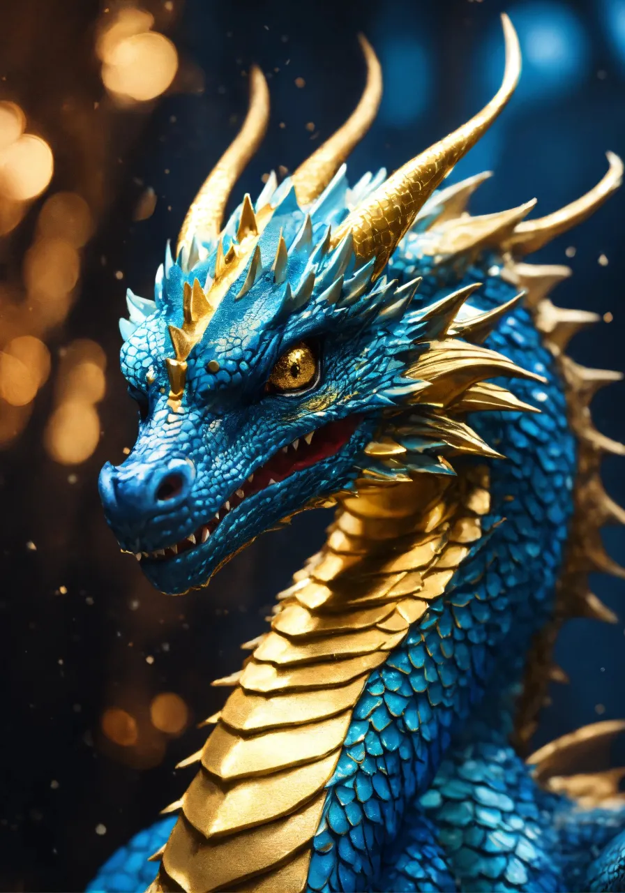 a close up of a blue and gold dragon statue