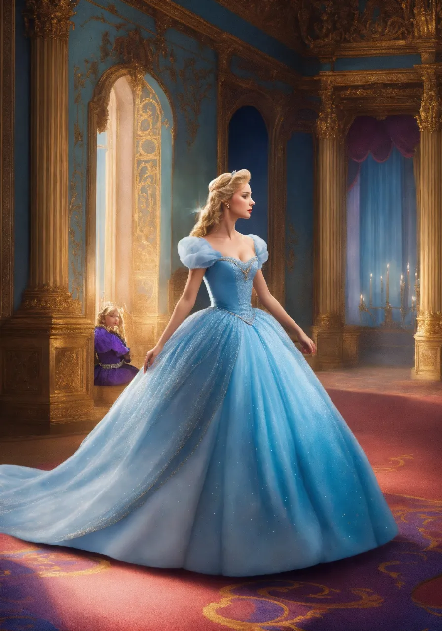 a woman in a blue dress standing in a room