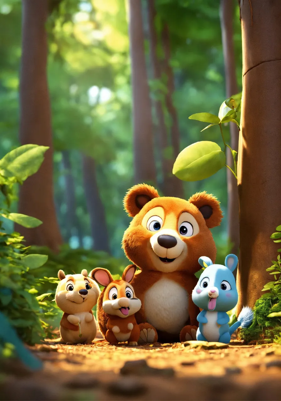 a group of cartoon 3D cartoon children's image of 4 animals playing hide and seek in the foresta squirrel,rabbit,bird,fox standing next to each other