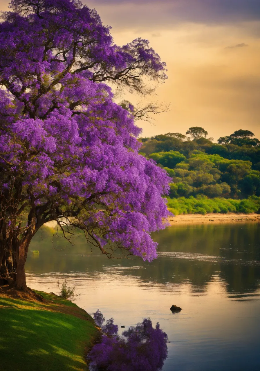 water, sky, cloud, flower, plant, purple, natural landscape, tree, branch, lake