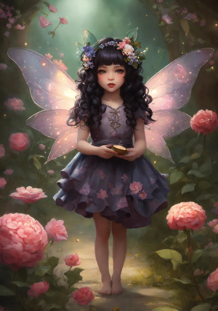 a little girl dressed as a fairy standing in a rose garden