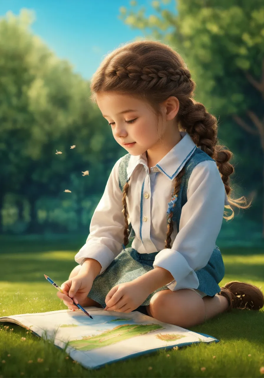 a little girl sitting on the grass writing on a book