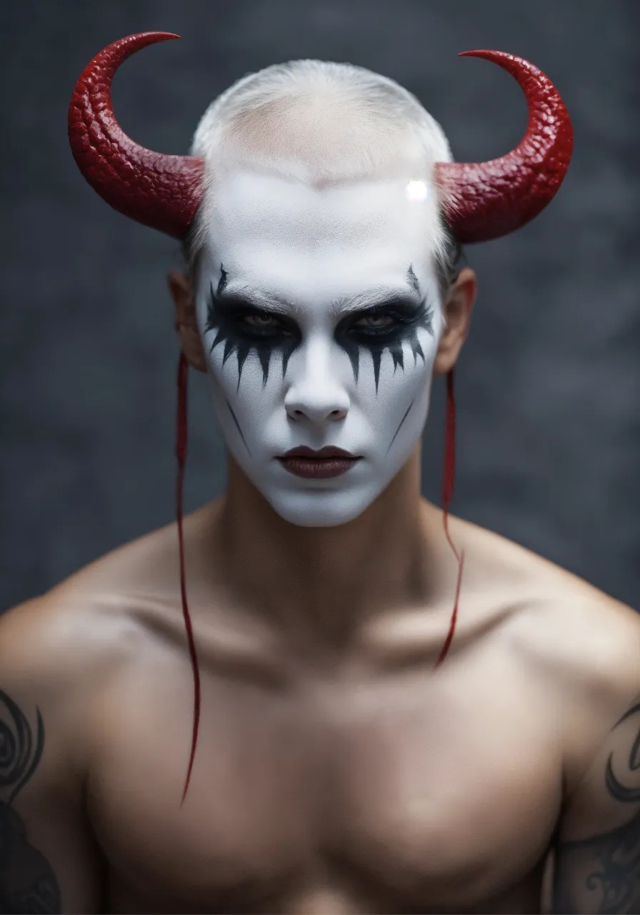 a man with white makeup and red horns on his head