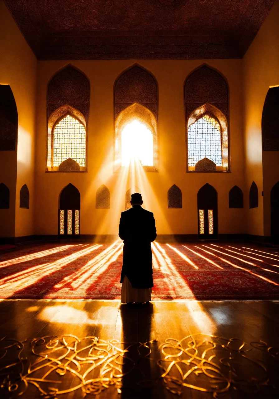 a man standing in a large room with sunlight coming through the windows