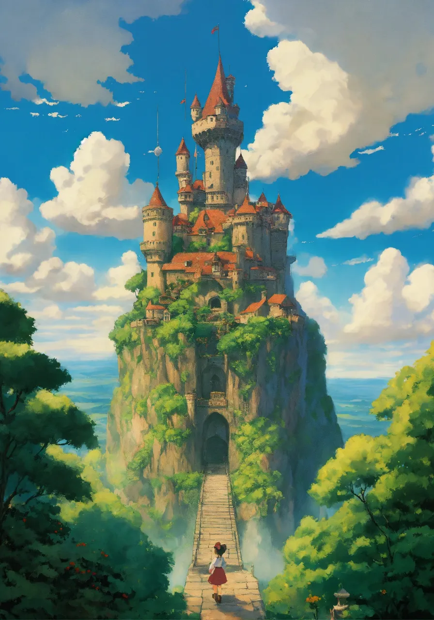 a painting of a castle in the middle of a forest