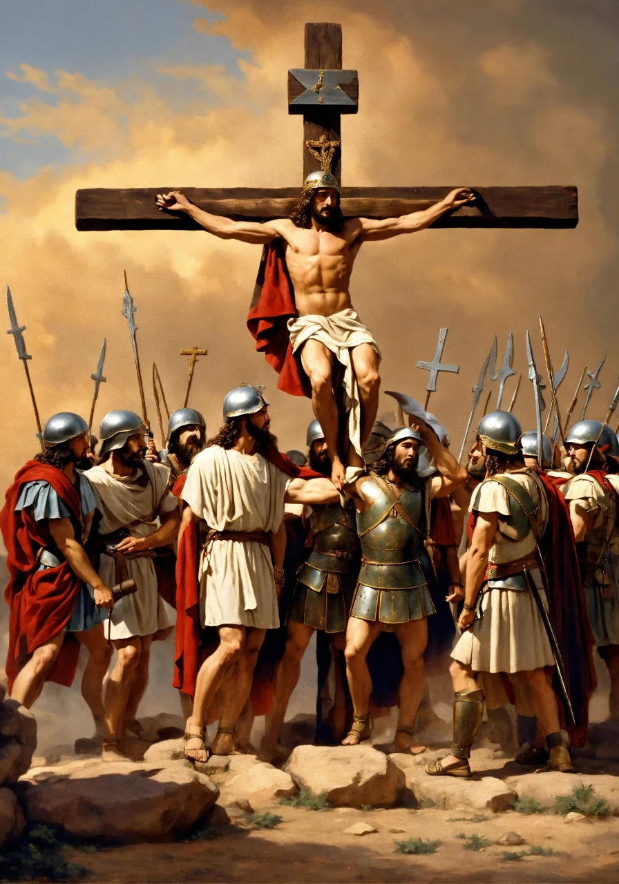 a painting of jesus on the cross surrounded by soldiers