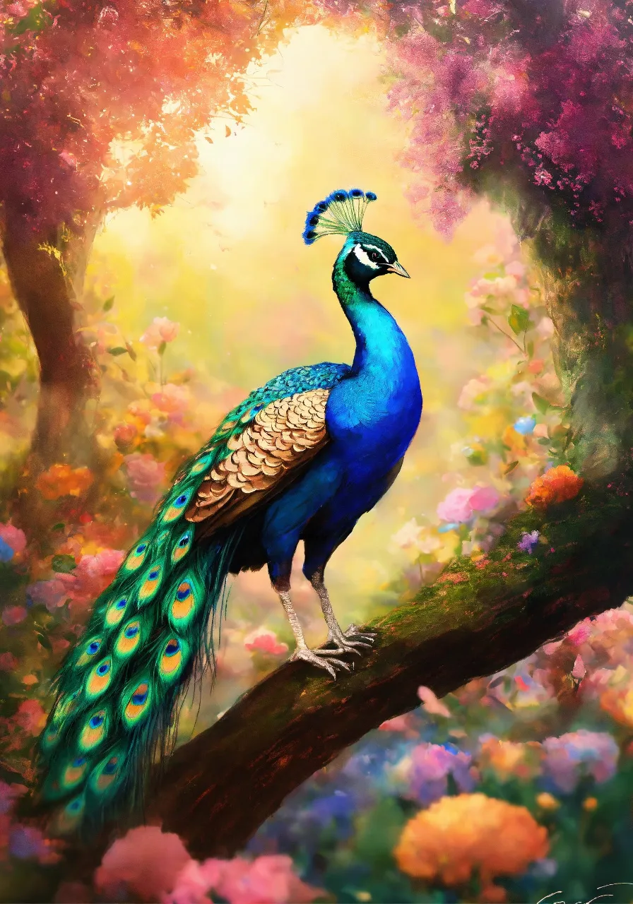 a painting of a peacock sitting on a tree branch