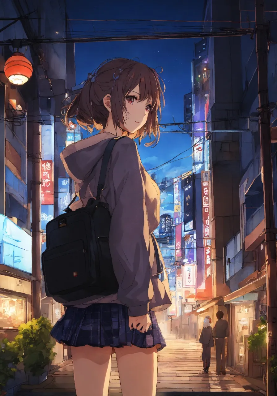 a girl with a backpack standing on a city street