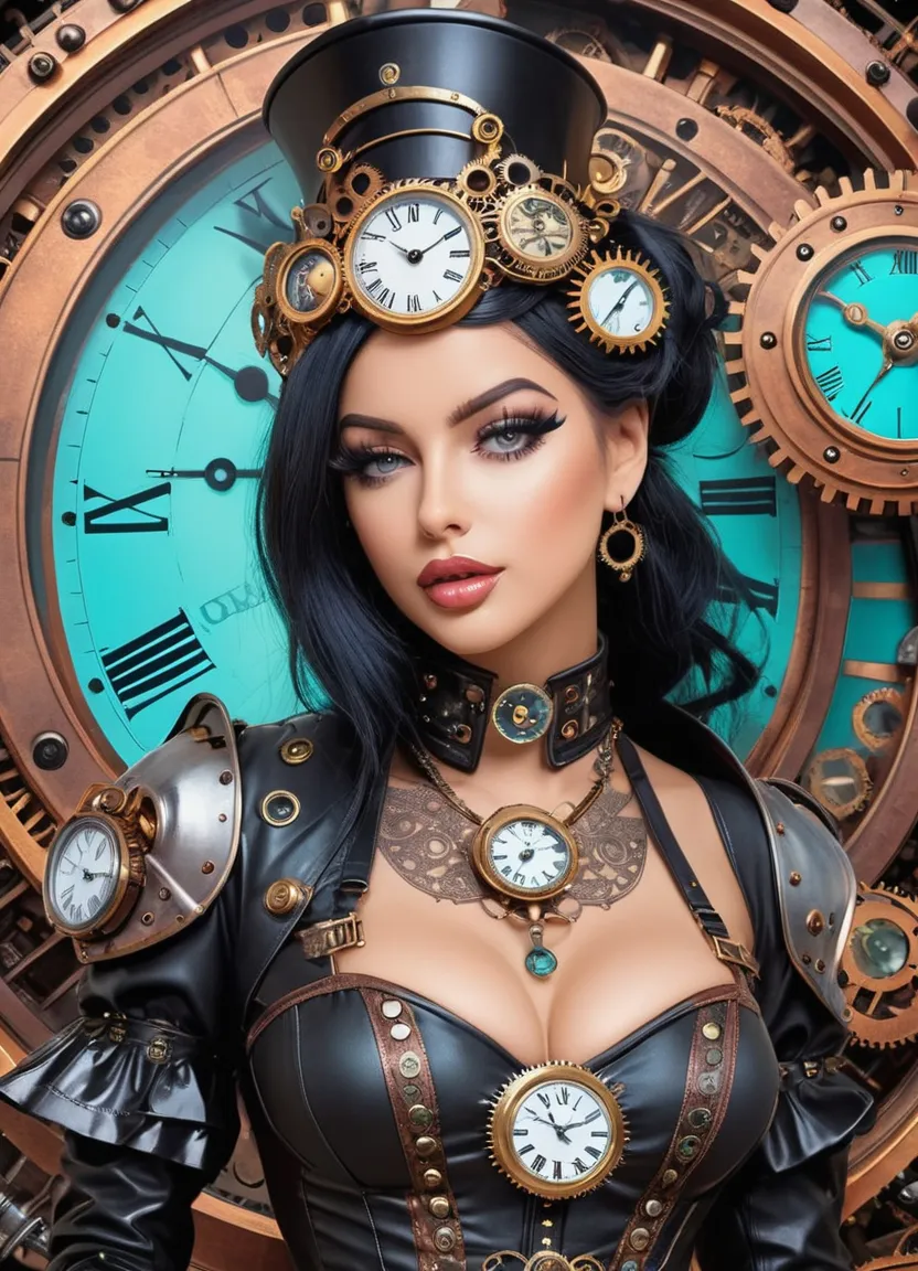 a woman in a steampunk outfit standing in front of a clock