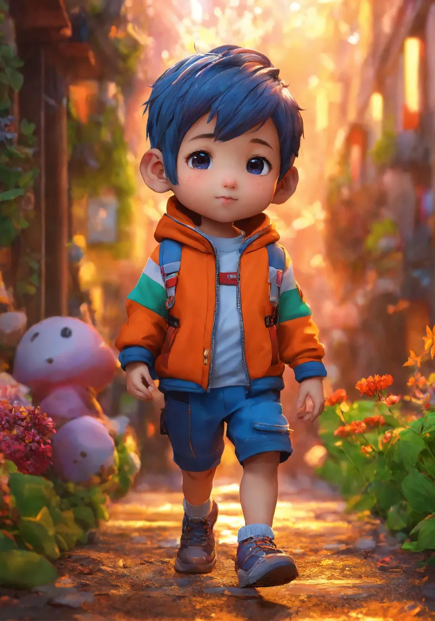 a little boy with blue hair walking down a street