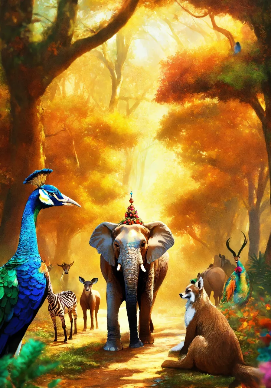 a painting of an elephant, a peacock, and other animals in a forest