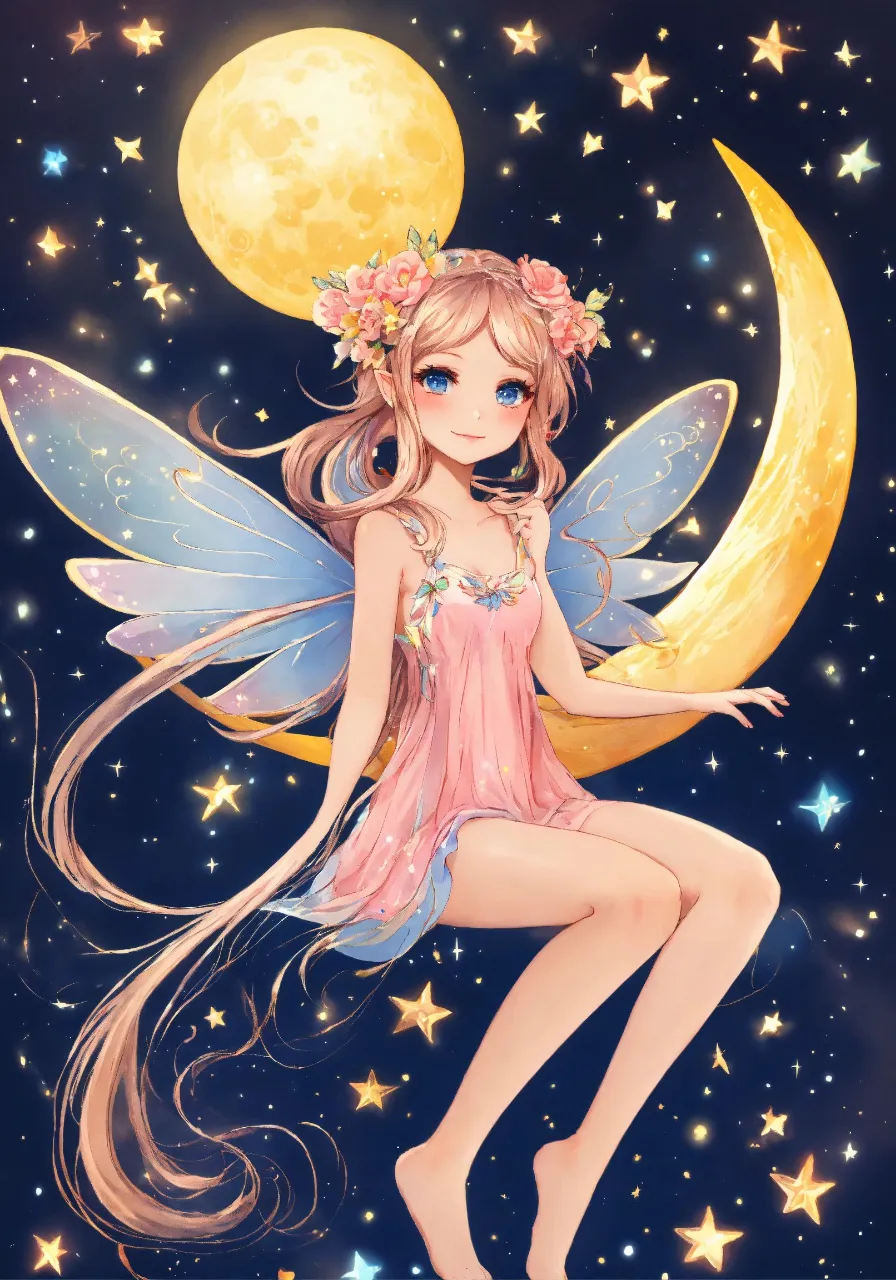 a fairy sitting on the moon with a flower in her hair