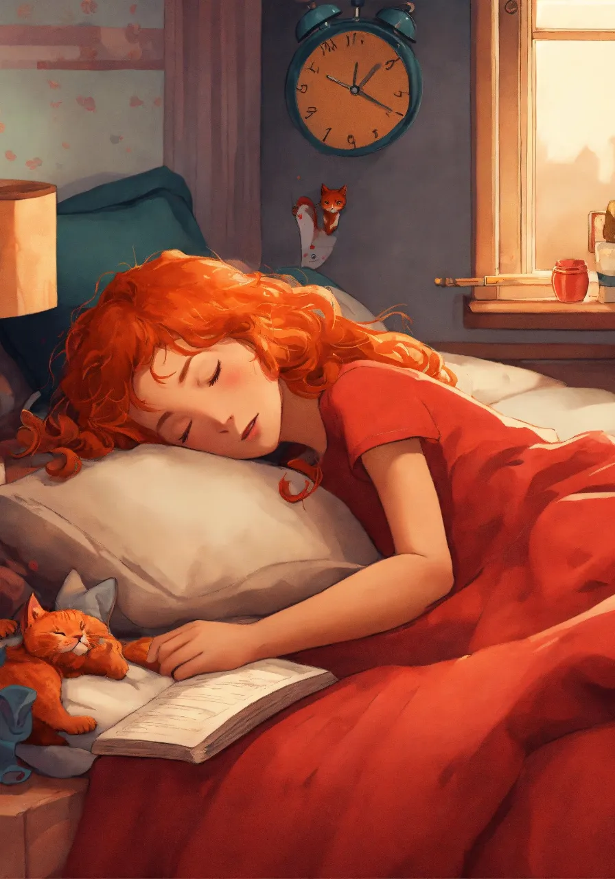 a painting of a girl laying in bed with a cat