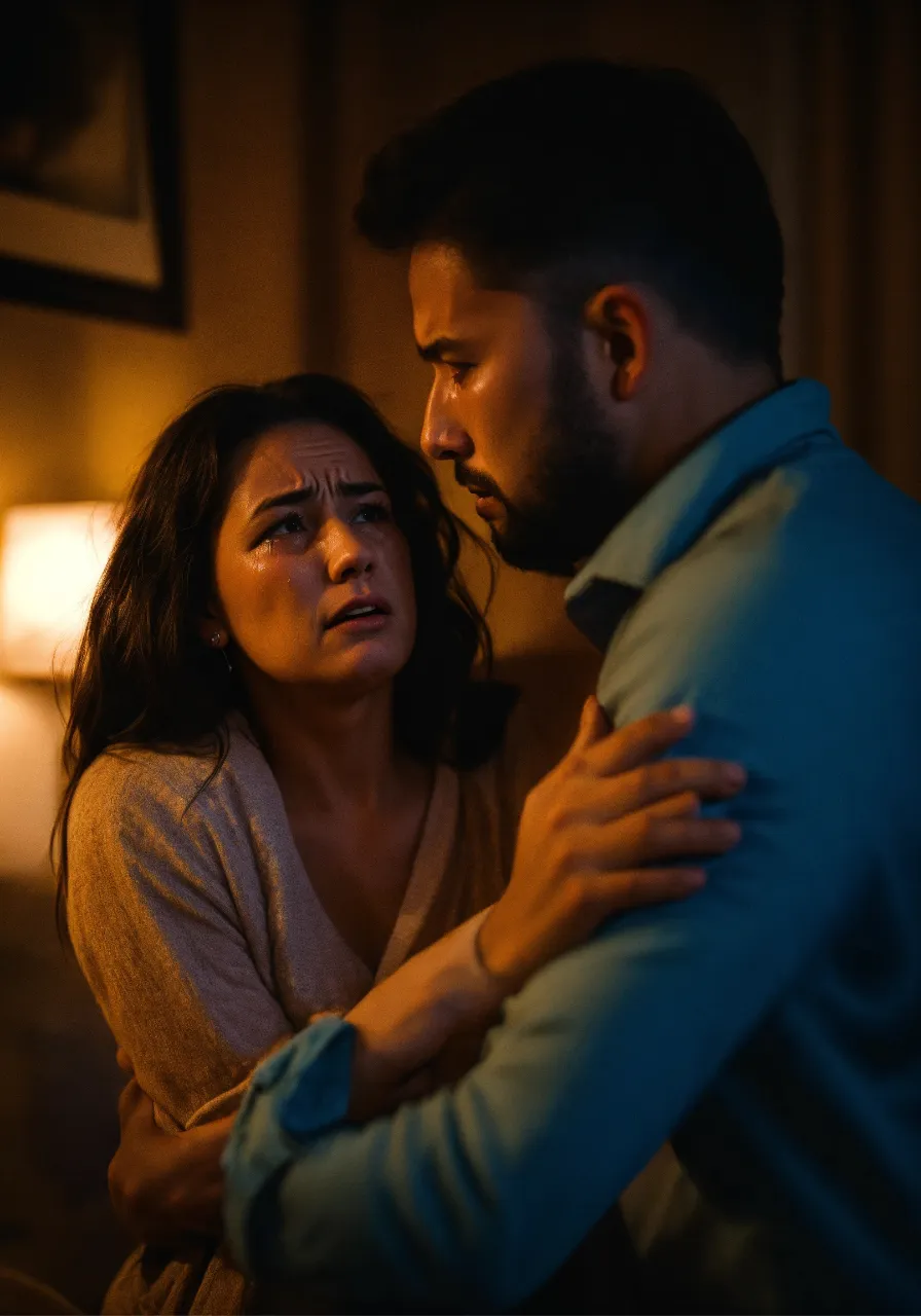 a man and a woman embracing in a dimly lit room