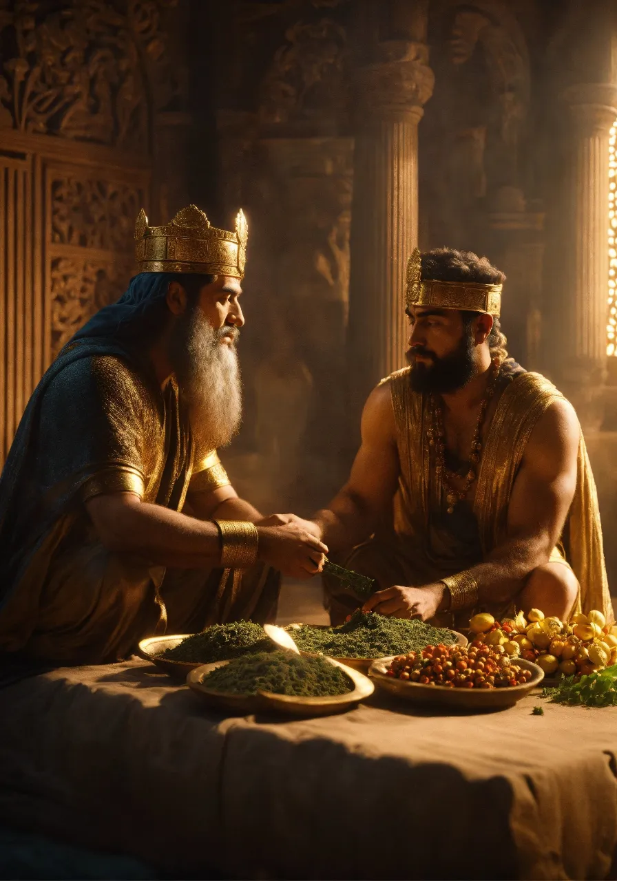 two men dressed in ancient greek costumes preparing food