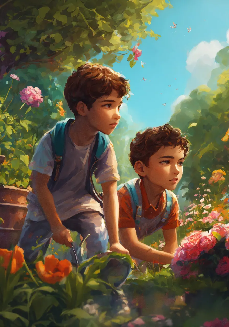 a painting of two young boys in a garden