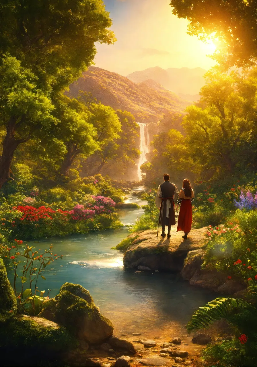 a painting of a man and a woman standing on a rock looking at a waterfall