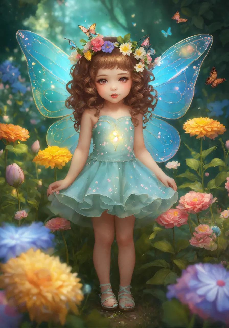 a little girl dressed as a fairy standing in a field of flowers