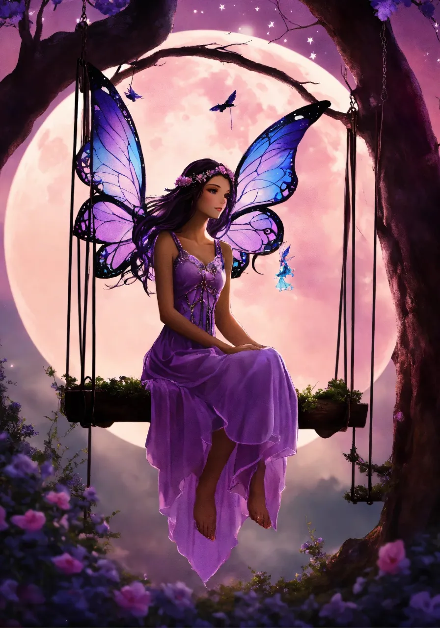 a fairy sitting on a swing in front of a full moon