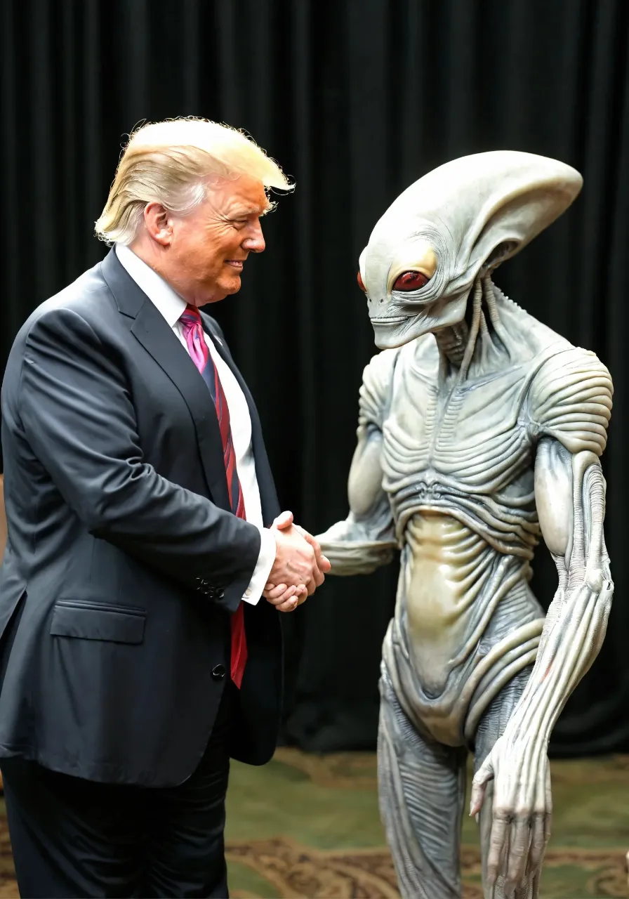 a man in a suit shaking hands with a statue of an alien