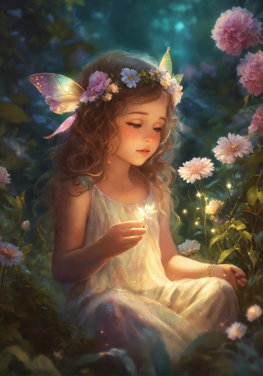 a little girl sitting in a field of flowers