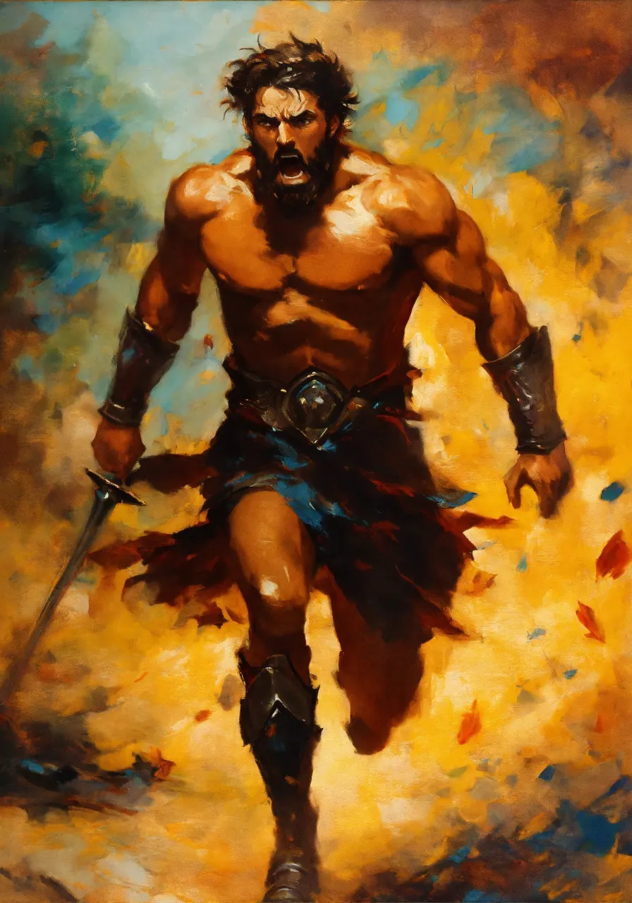 a painting of a man with a sword