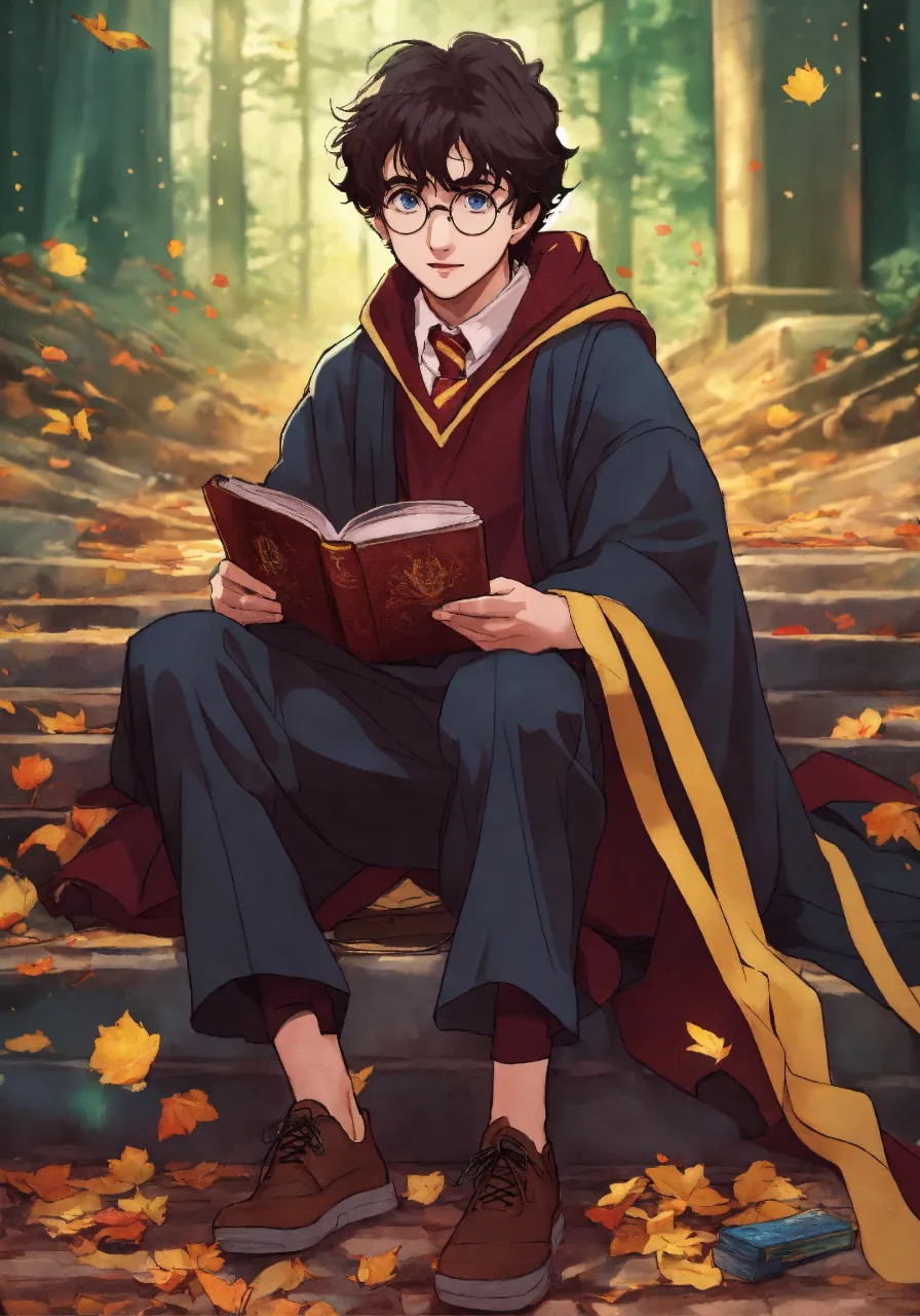 a harry potter sitting on steps reading a book