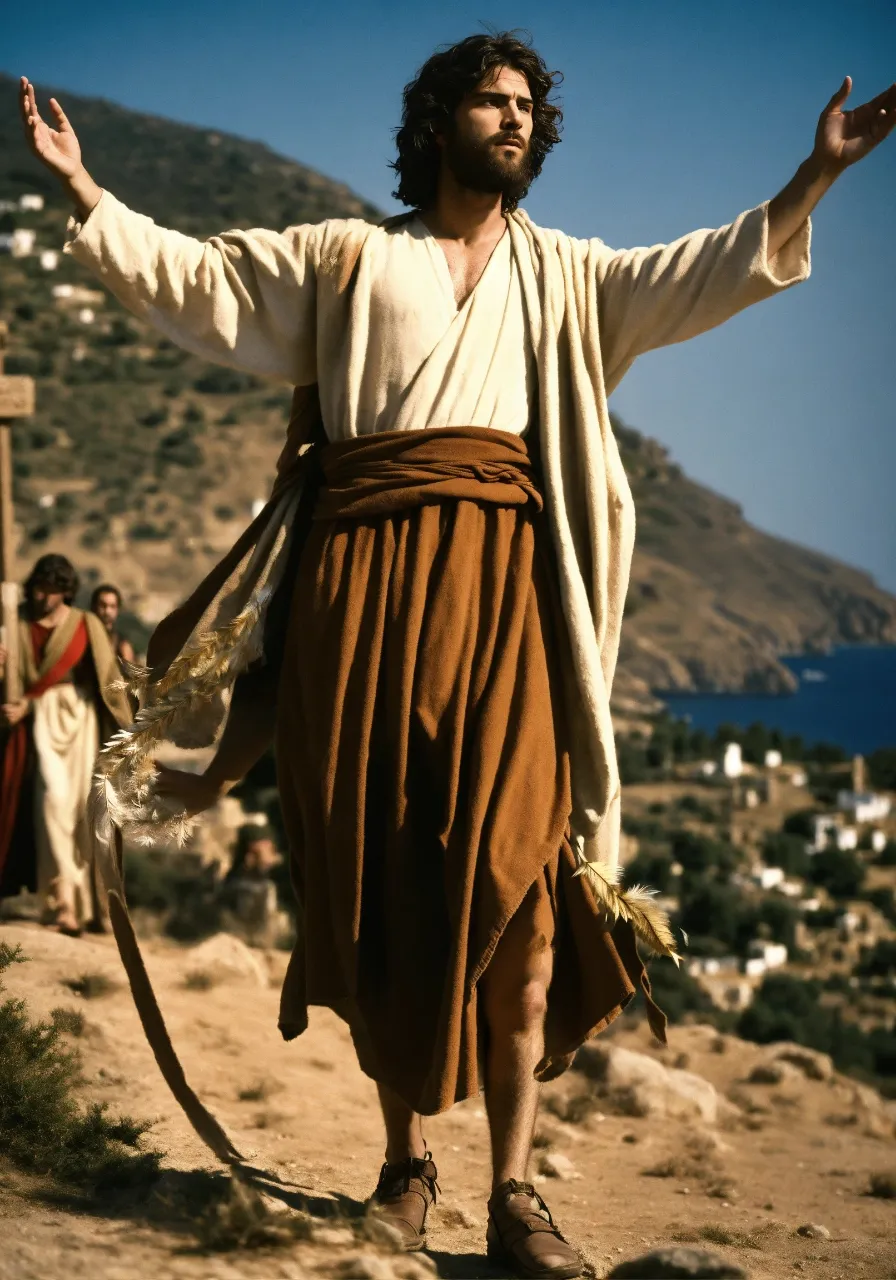 a man in a brown outfit with his arms outstretched