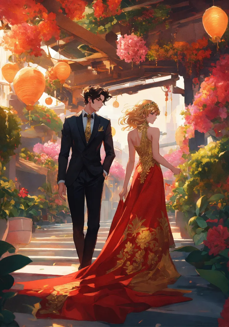 A warm-toned painting of a couple hugging at golden hour in a peaceful park