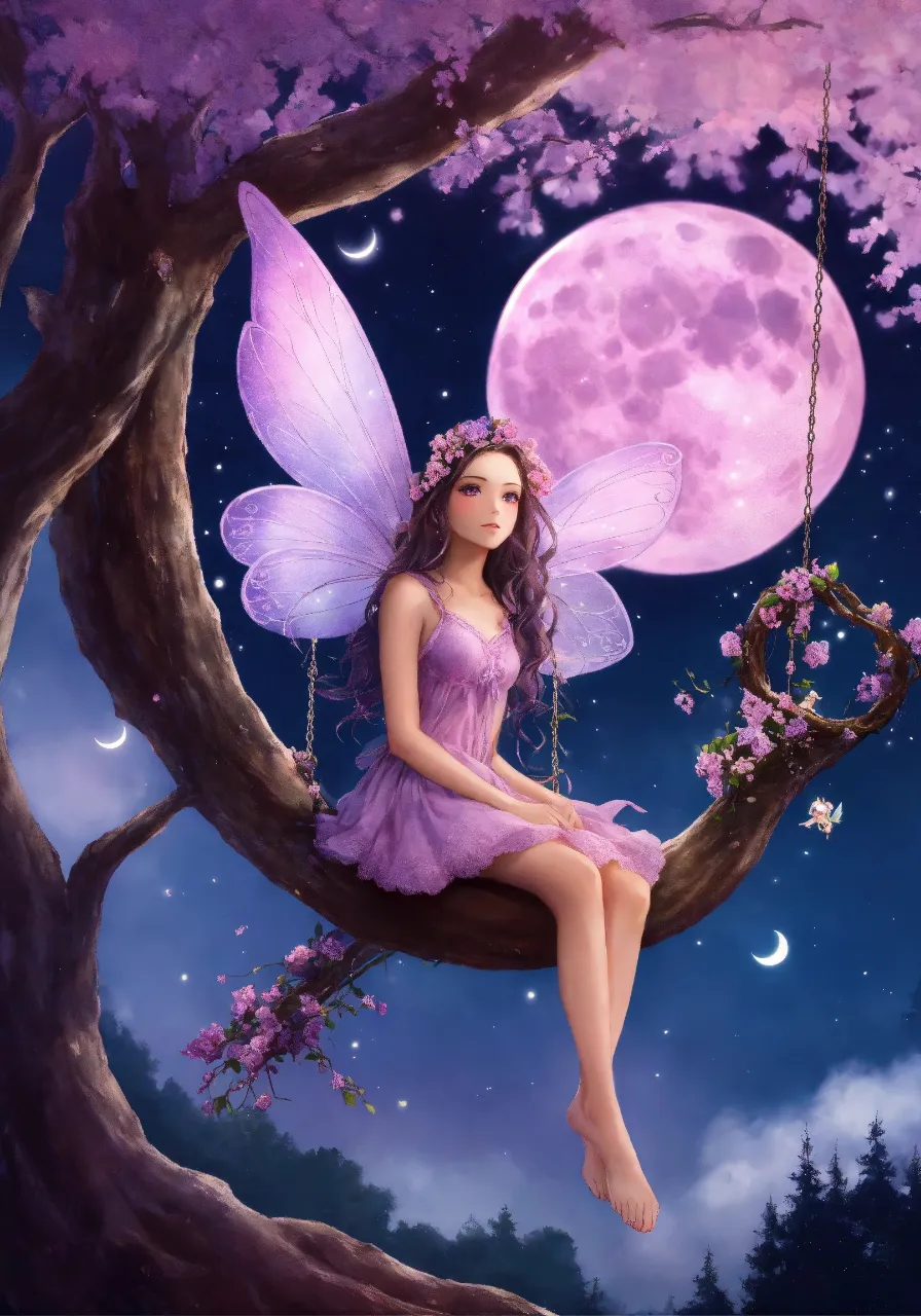 a fairy sitting on a tree branch with a pink moon in the background