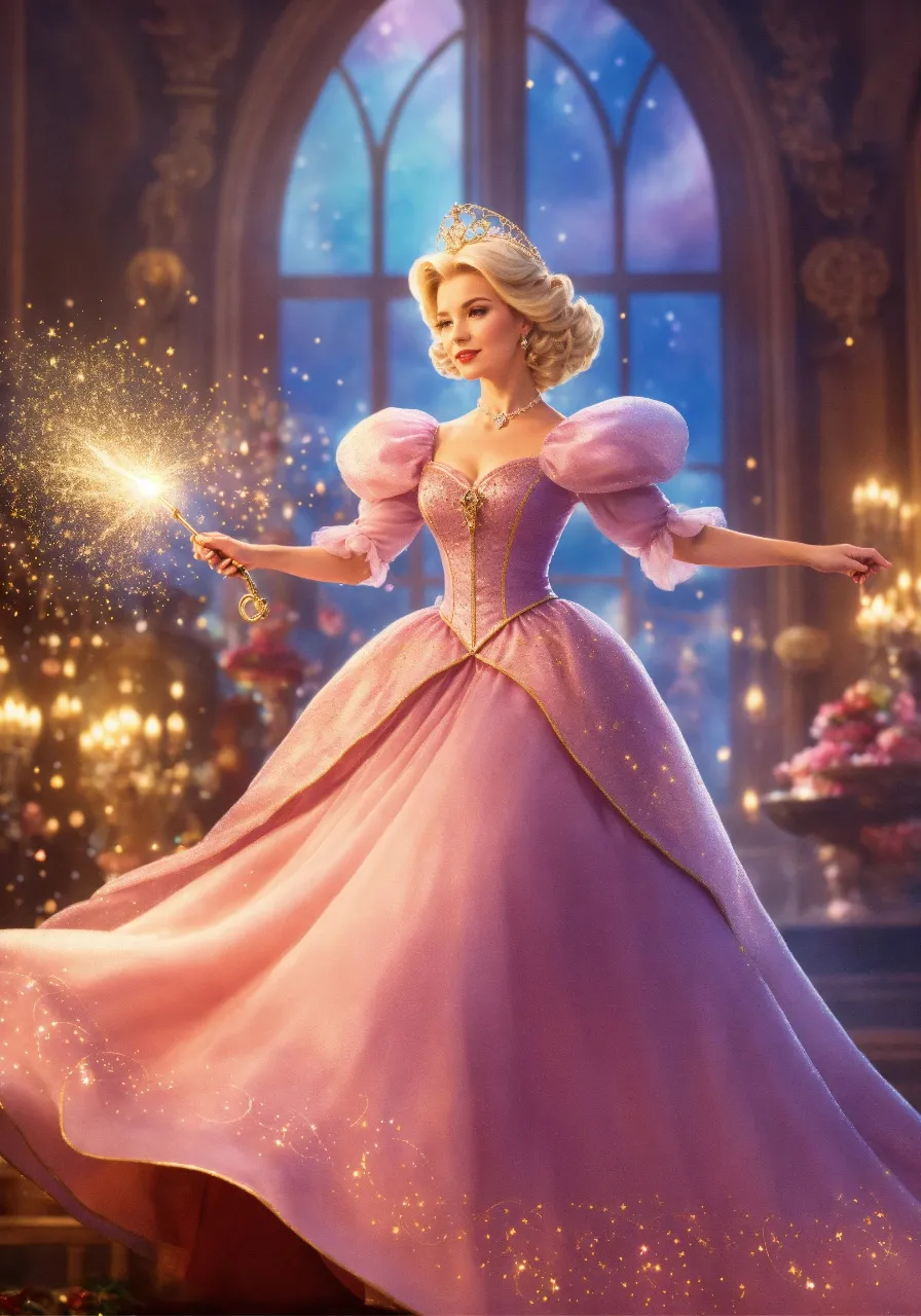 a woman in a pink dress holding a sparkle wand