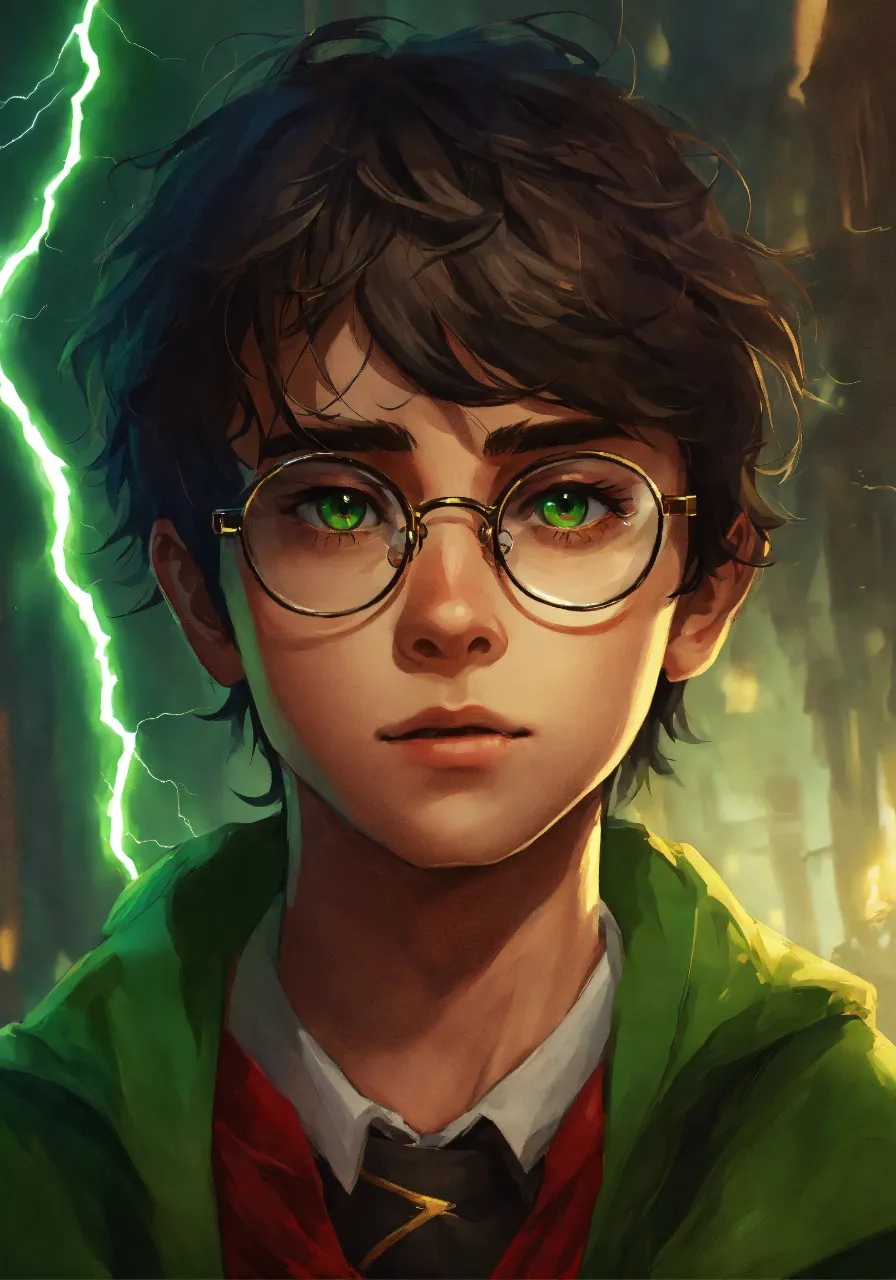 a painting of a boy with glasses and green eyes