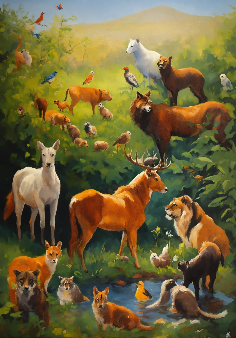 a painting of many different animals in a field