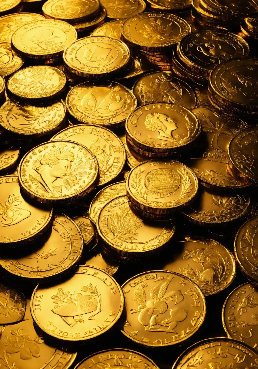 a pile of gold coins sitting on top of each other