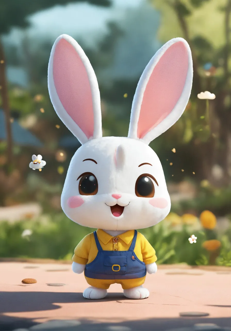 a white rabbit with a yellow shirt and blue overalls