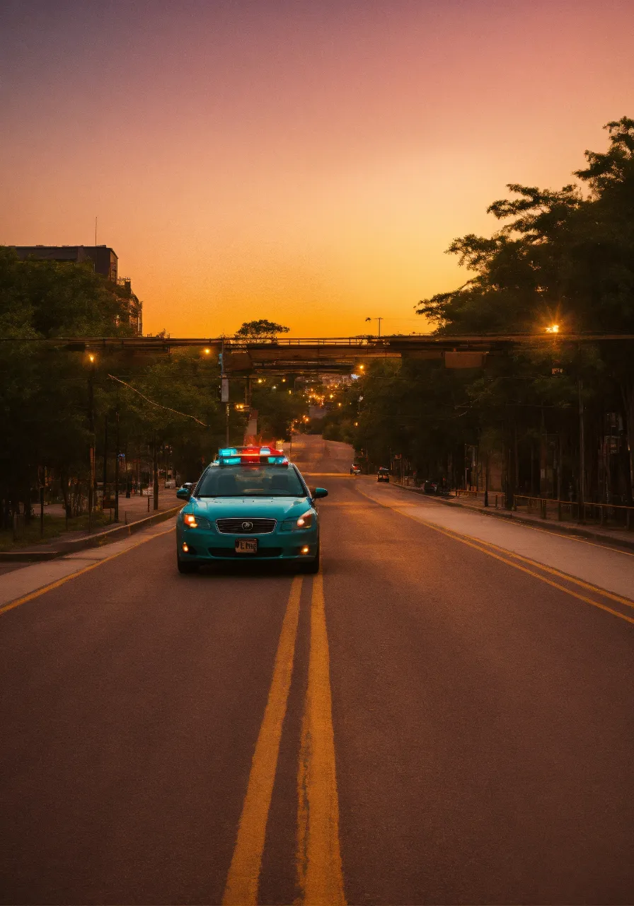 A car driving on a street in a city during twilight, with a purple and orange afterglow on the buildings