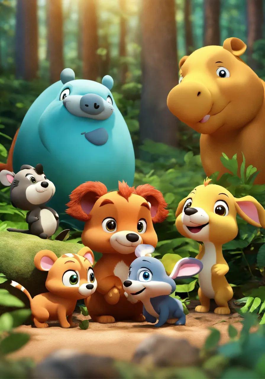 a group of cartoon animals standing in a forest