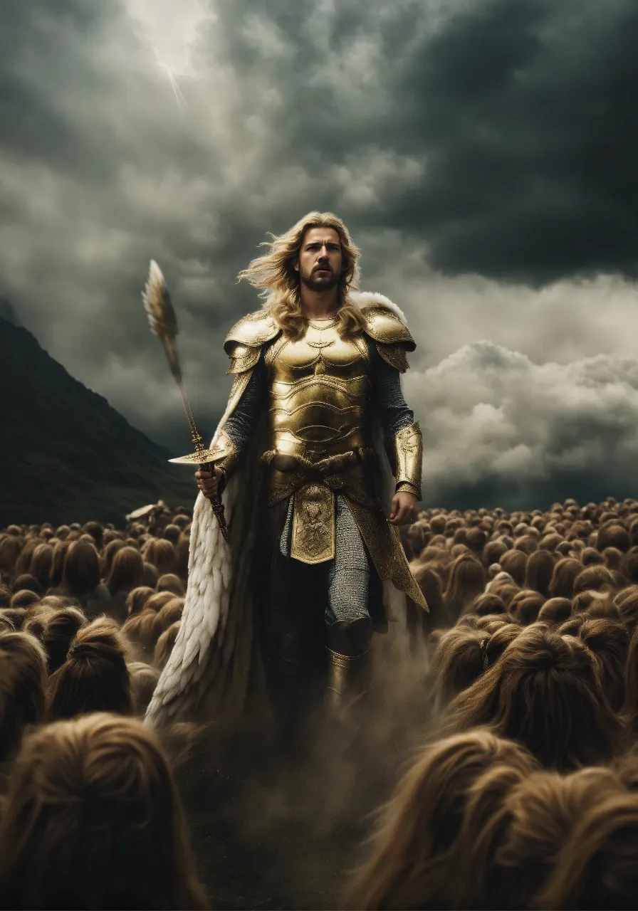 a man dressed as a warrior standing in a field of people