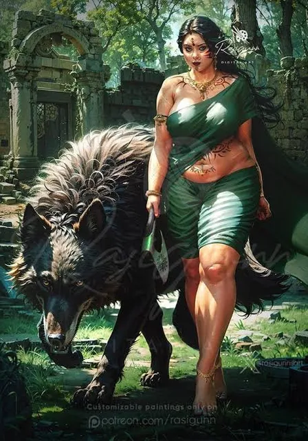 a painting of a Indian woman walking with a wolf