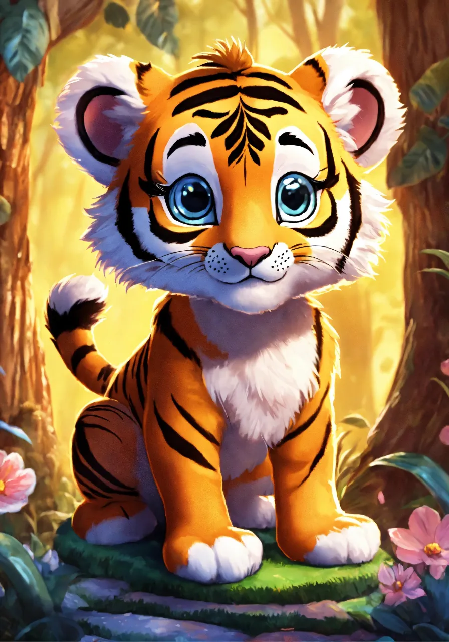 a small tiger sitting in the middle of a forest