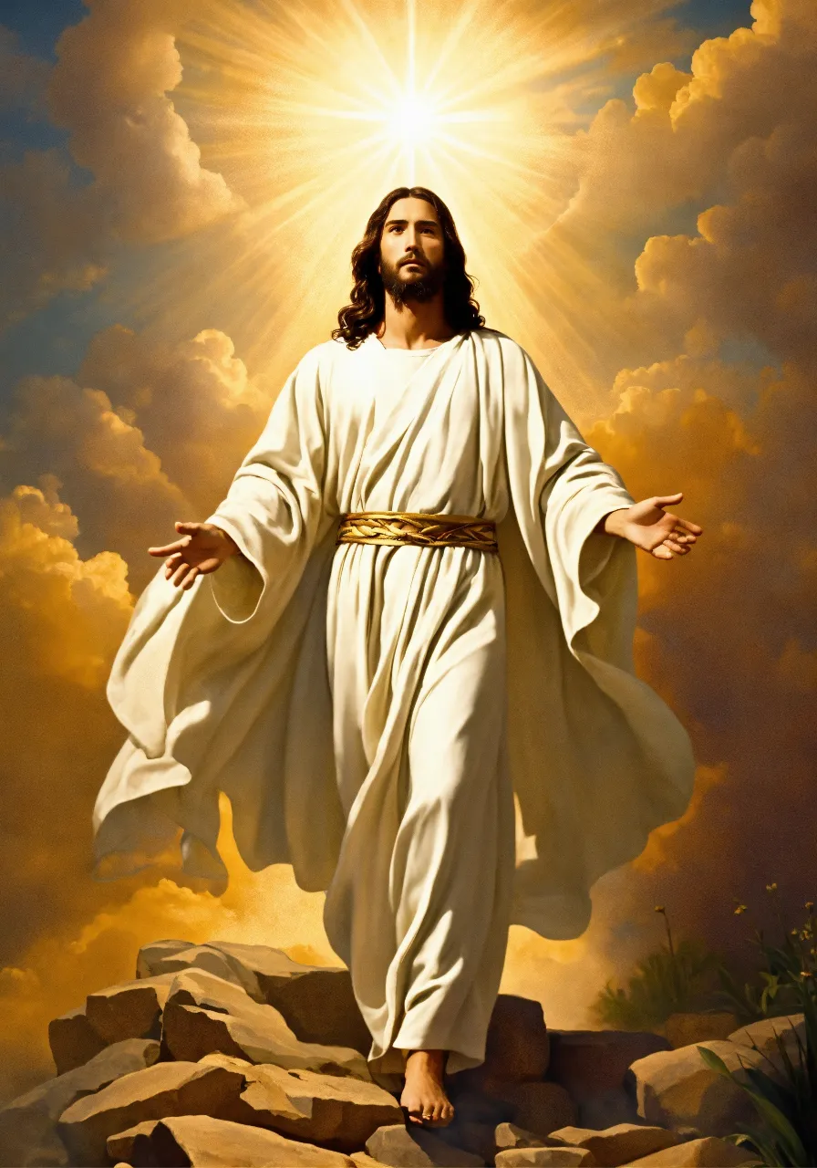 a painting of jesus walking on rocks with his arms outstretched