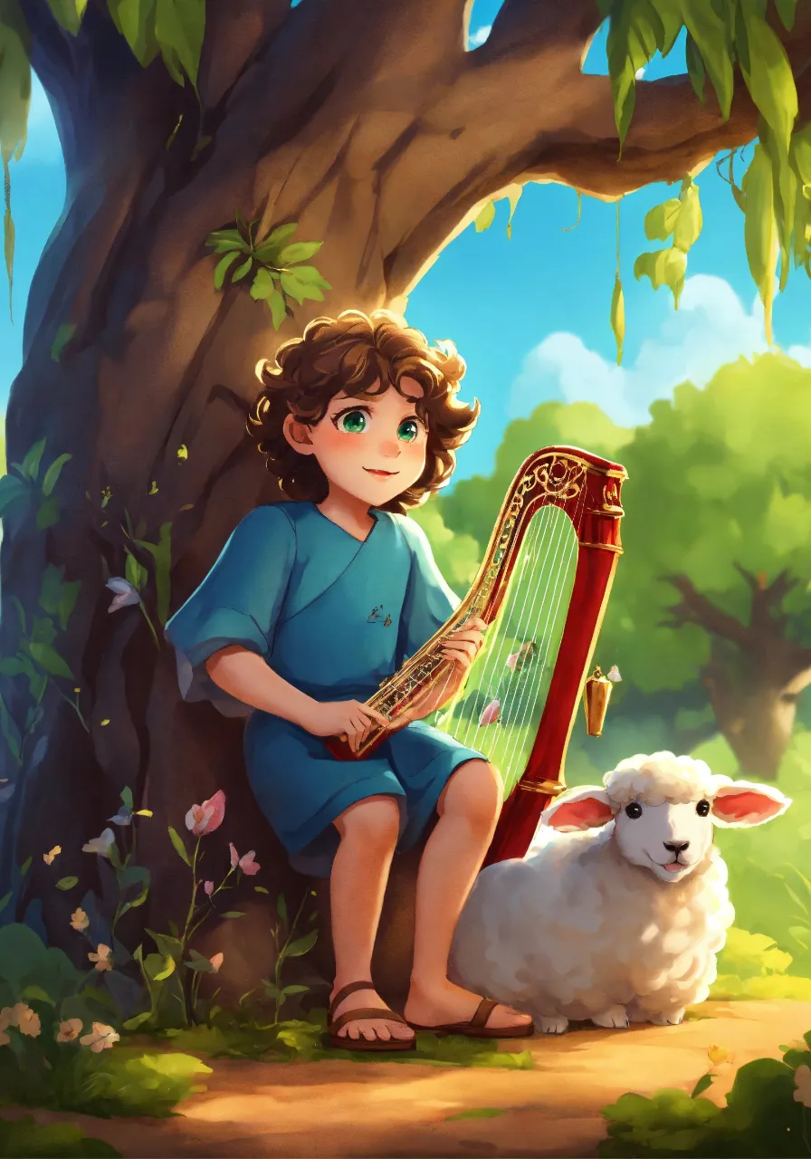 a young boy sitting next to a sheep holding a harp