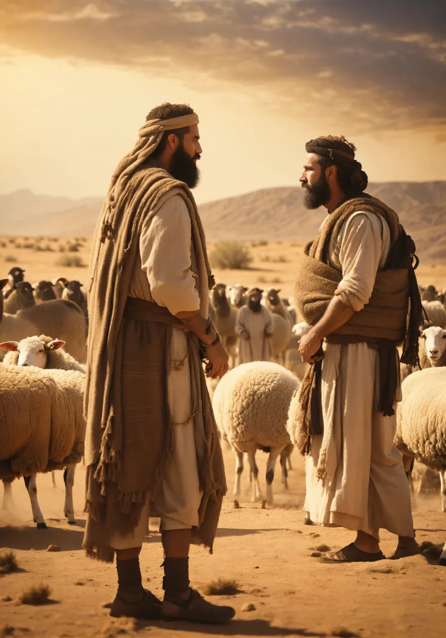 two men standing in front of a herd of sheep